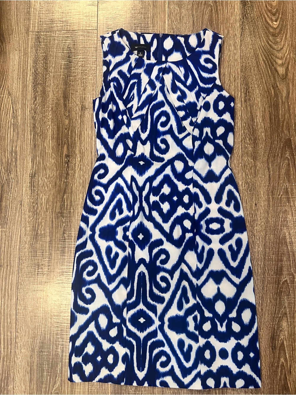 AB Studio Blue and White Printed Midi Sheath Dress